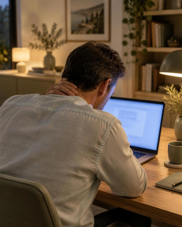 Uomo con dolore al collo dopo ore al computer