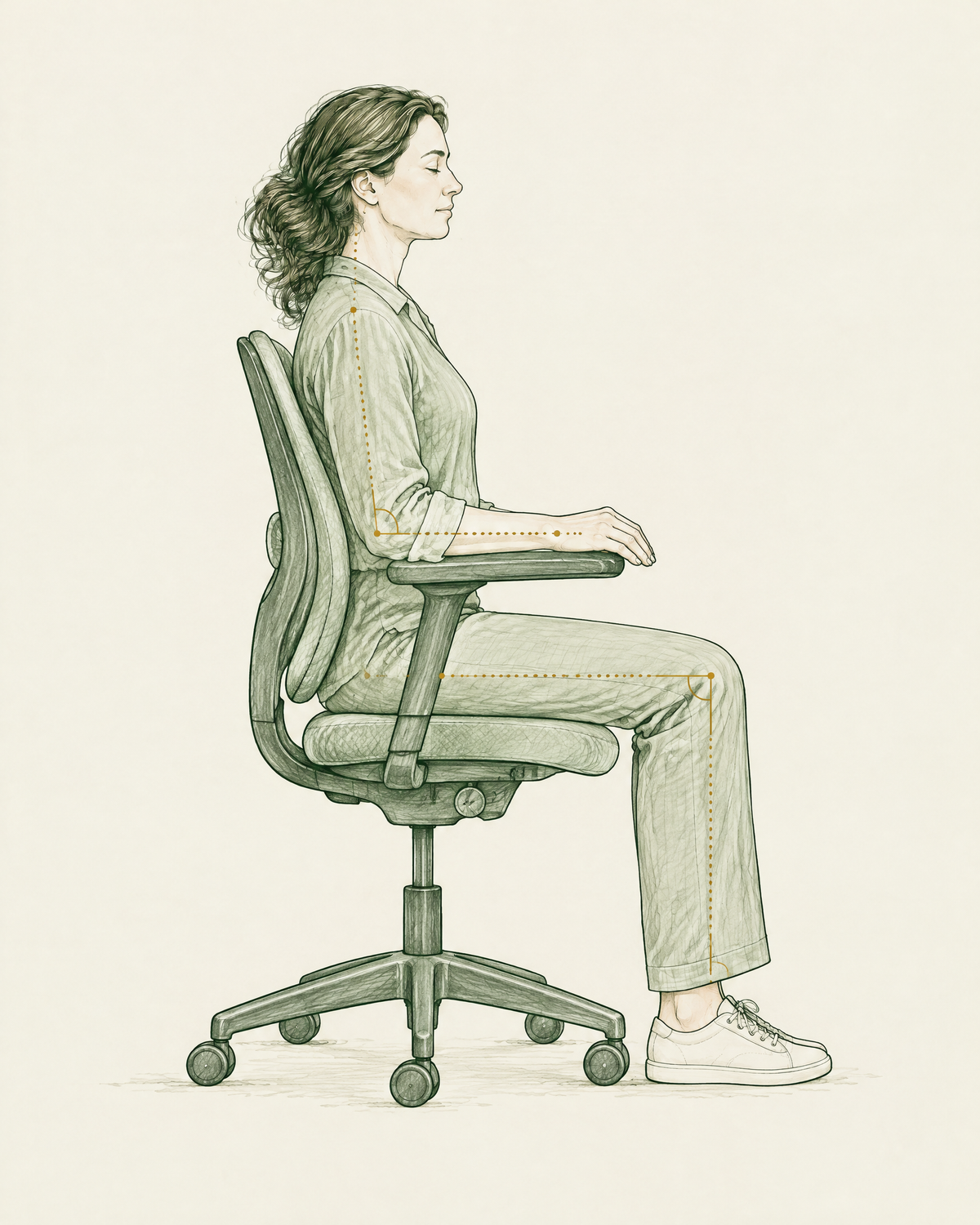 Come regolare la sedia ergonomica: piedi a terra, supporto lombare, gomiti a 90 gradi